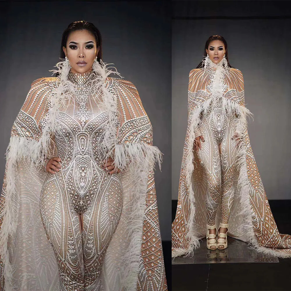 Female Singer Stage Wear 3D Printing Stretch Leotard Jumpsuit Big Cloak  Set Long Feather  Outfit Birthday Dancer