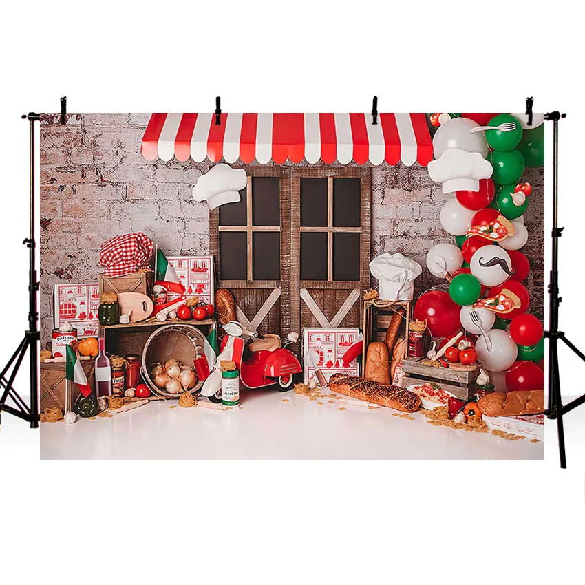 Mehofond Photography Background Delicious Pizza Shop Food Chef Balloon Retro Brick Wall Child Family Party Backdrop Photo Studio