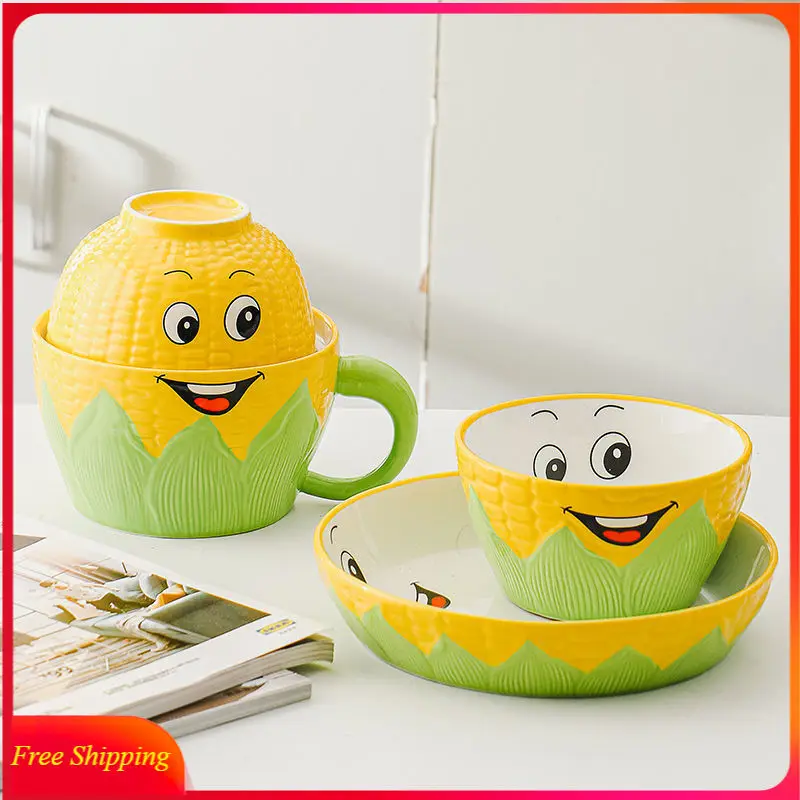 

Children's Tableware Cartoon Corn Plate Bowl Creative Instant Noodle Bowl Ceramic Lunch Box with Lid Student Noodle Cup Dish Set