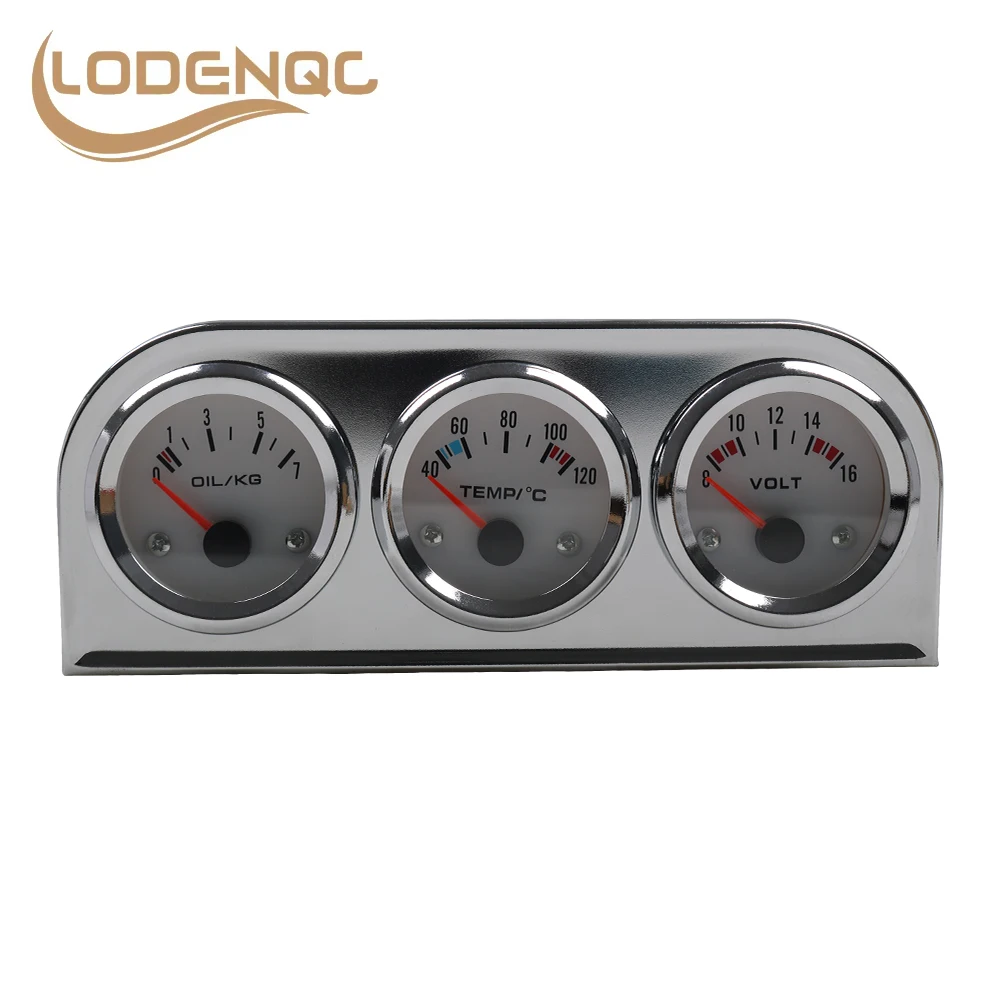 Lodenqc Car Meter Chrome 2''52MM Triple Gauge Kit Voltmeter Water Temp Gauge Oil Pressure Gauge With Sensor