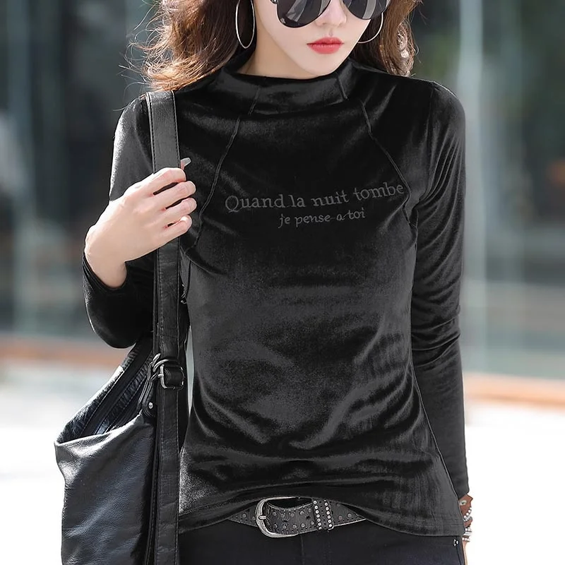 #0321 Autumn Winter Long Sleeve T Shirt Women Pleuche Slim Casual Basic T Shirt Female Embroidery Letter Velvet Solid Color Warm