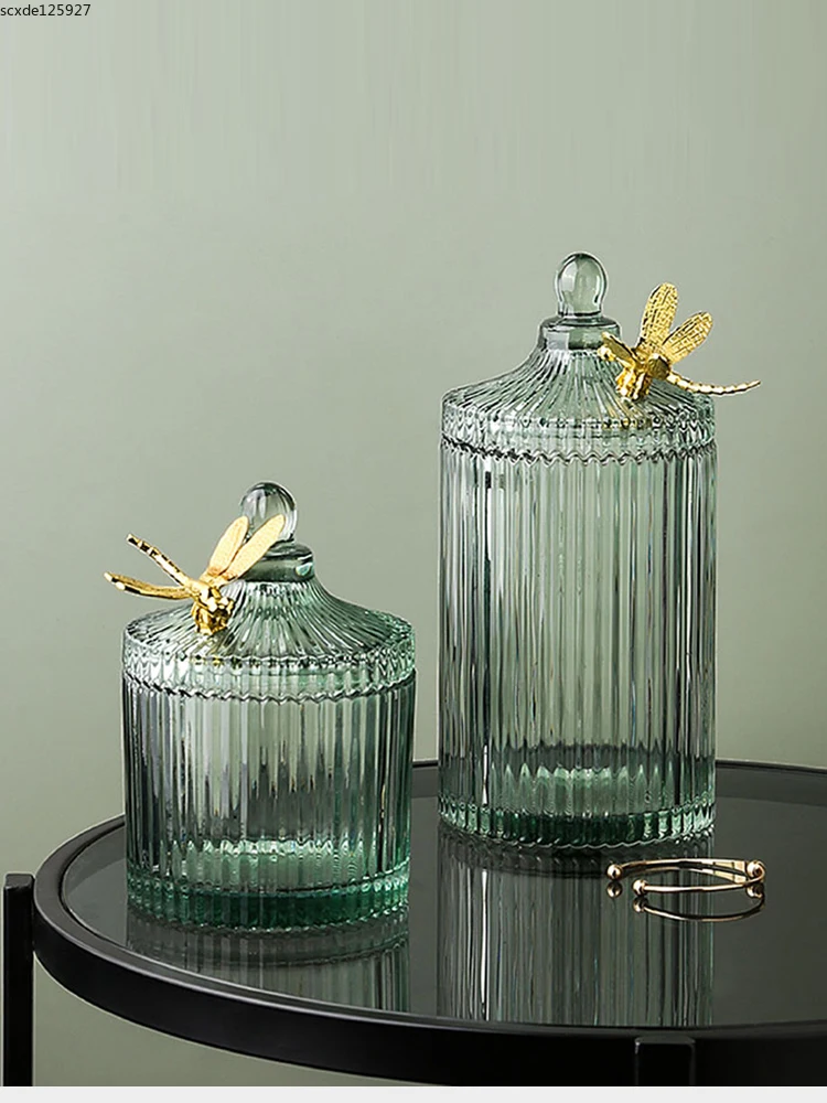 Glass Dragonfly Candy Jar Vertical Pattern Tea Sealed Jar Pink Green Cotton Swab Jewelry Cosmetic Candle Storage Box Home Decor