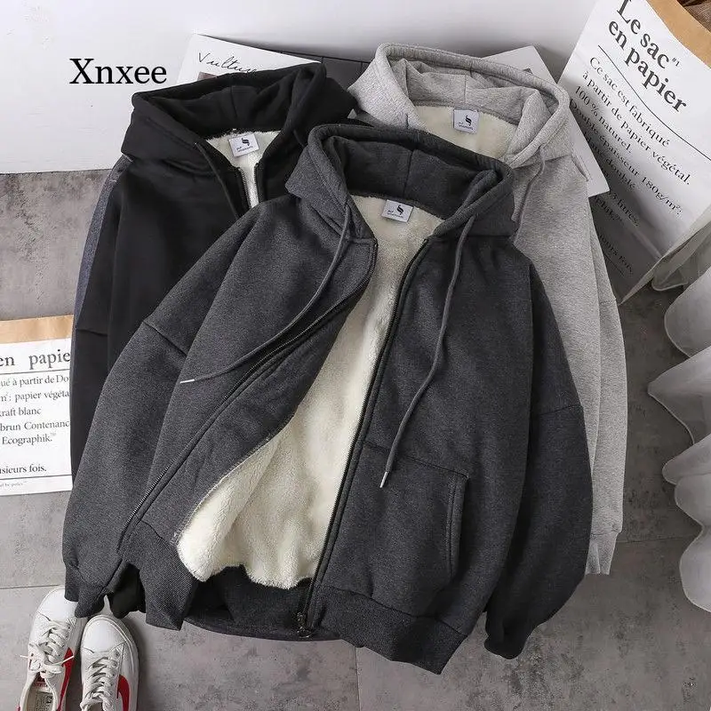 

Winter Ladies Hoodie Jacket Plush Jacket Solid Color Velvet Thick Warm Jacket Zipper Sweatshirt Top Large Size Jacket