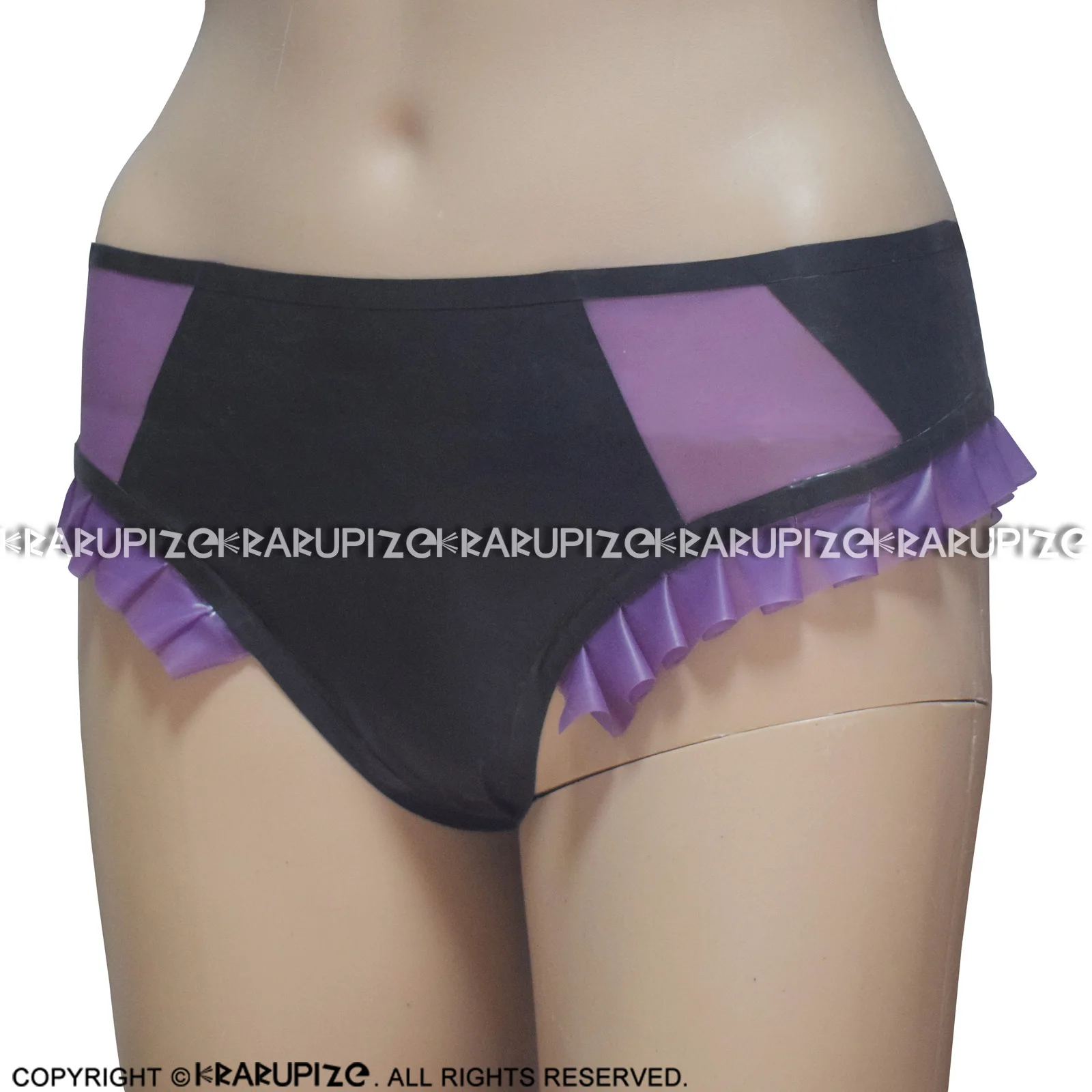 Black With Transparent Purple Ruffles And Trims Sexy Latex Briefs Rubber Panties Shorts Underpants Underwear DK-0188