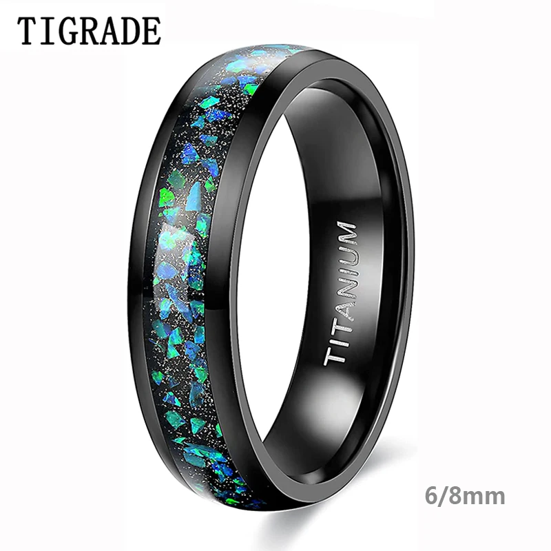 TIGRADE 6MM 8MM Black Titanium Ring with Opal Inlay for Men Women Dome Polished Wedding Ring Size 6-13