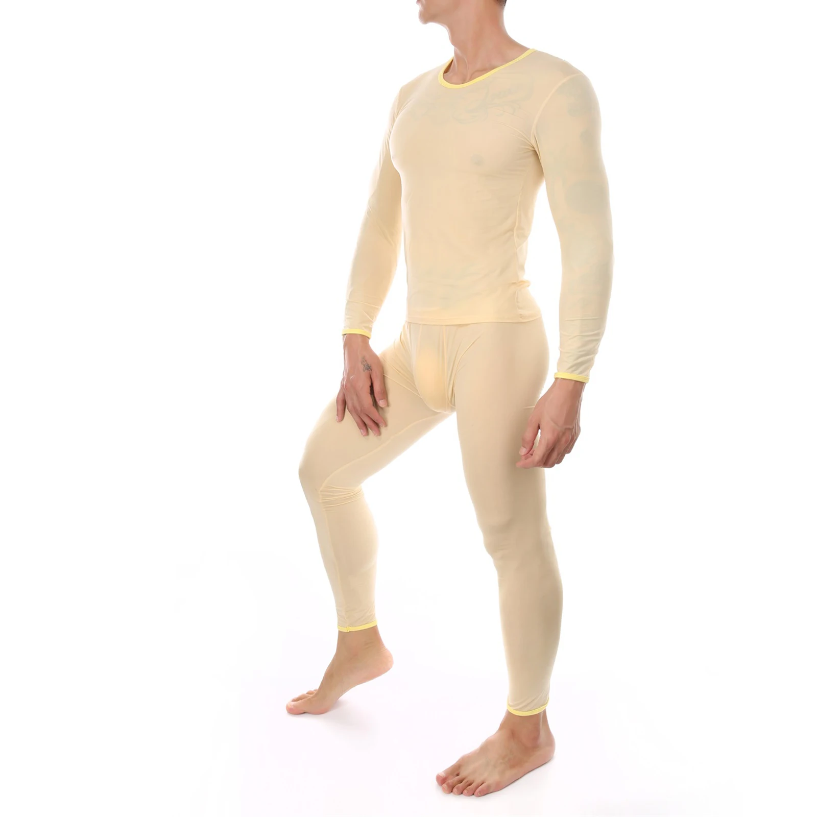 CLEVER-MENMODE Sexy Male Long Johns Men\'s Thermal Underwear Sleepwear Ice Silk Lounge Tight Long Sleeve Undershirt Trousers Set