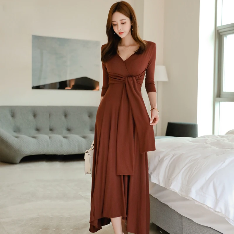 

New Arrival Stylish Knit Vestidos V-Neck Slim Women Korea Elegant Autumn Winter Warm Long Dresses