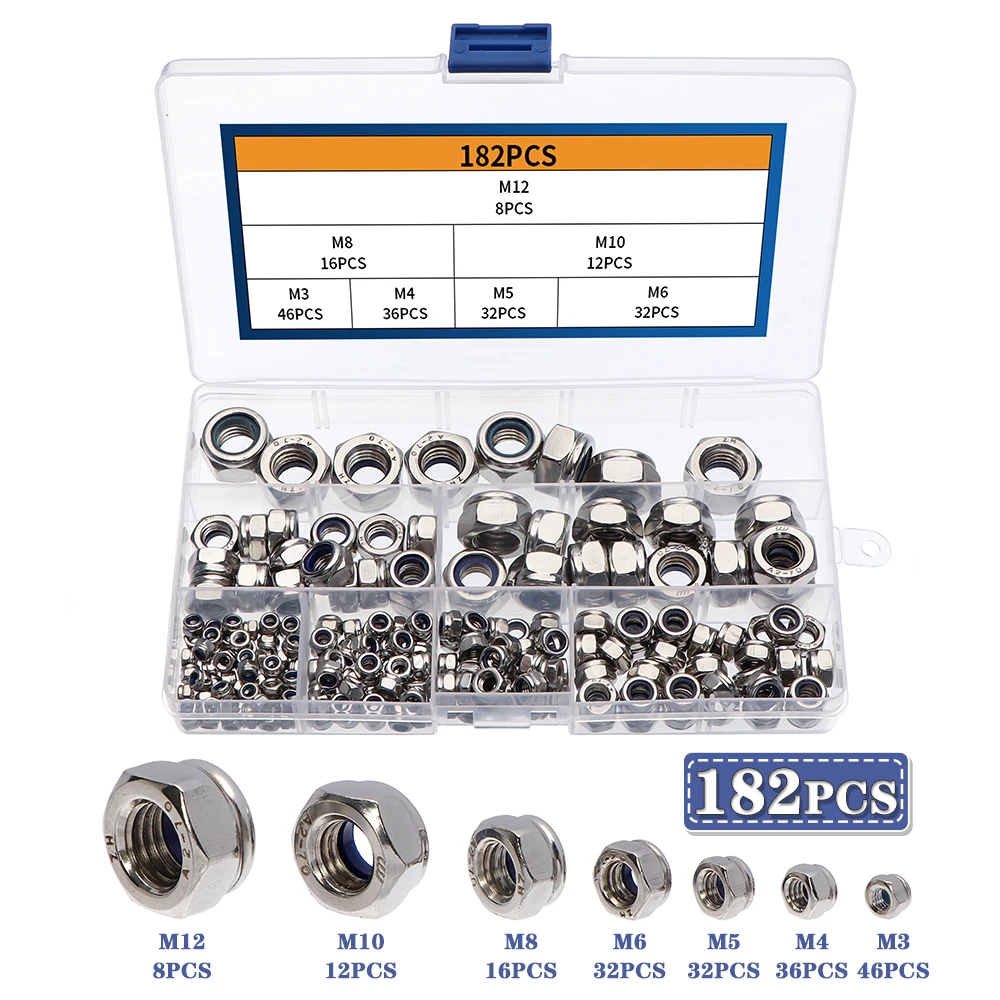 

150/182 PCS set of Self-locking Hexagon Nut 6 sizes Nut M3 M4 M5 M6 M8 M10 M12 Assortment A set of Stainless Steel Screw