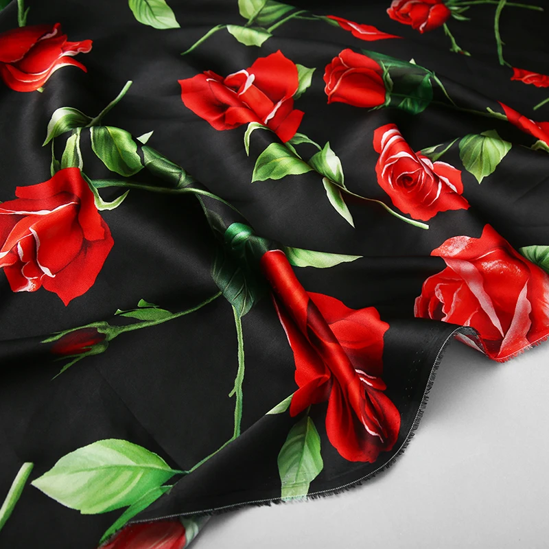 Rose Printed Chiffon Fabric Luxury Brand Fashion Design for Women\'s Skirt Clothing Polyester Stretch Satin Fabrics Cloth