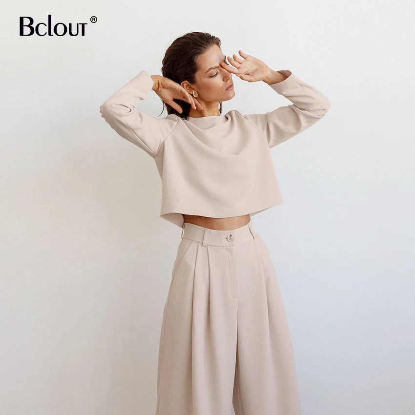 

Bclout Khaki Solid Basic Crop Top Women Blouse Elegant Long Sleeve O Neck Shirt Female 2021 Casual Loose Lady Tops Spring Tunic