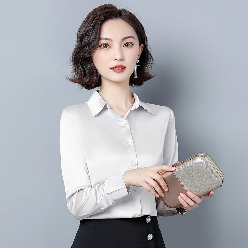 Silk Shirts for Women Satin White Shirt Women Solid Long Sleeve Blouses for Woman Silk Blouse Office Lady Satin Blouses Tops 3XL