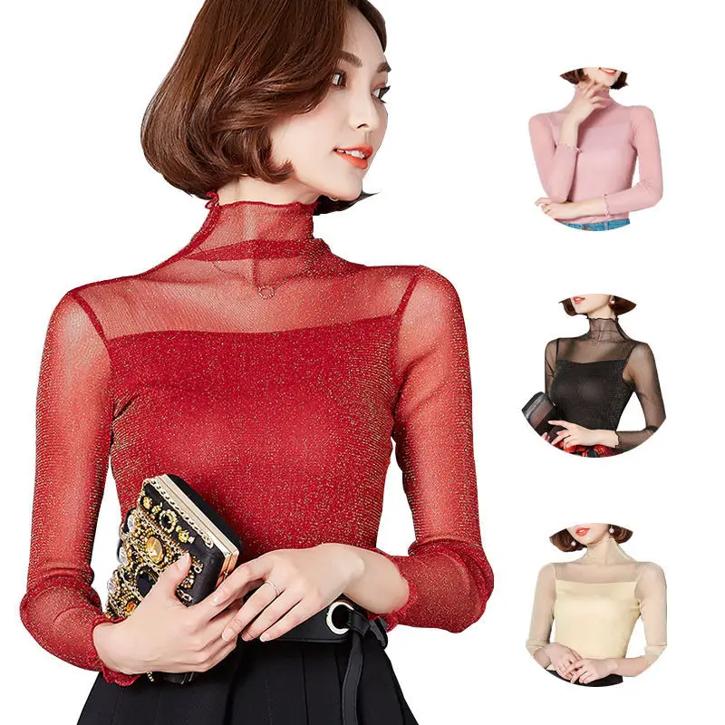 Blouse Women Long Sleeve Lace Mesh Tops Turtleneck Transparent Sexy Bright Shirts Blusas Ropa De Mujer