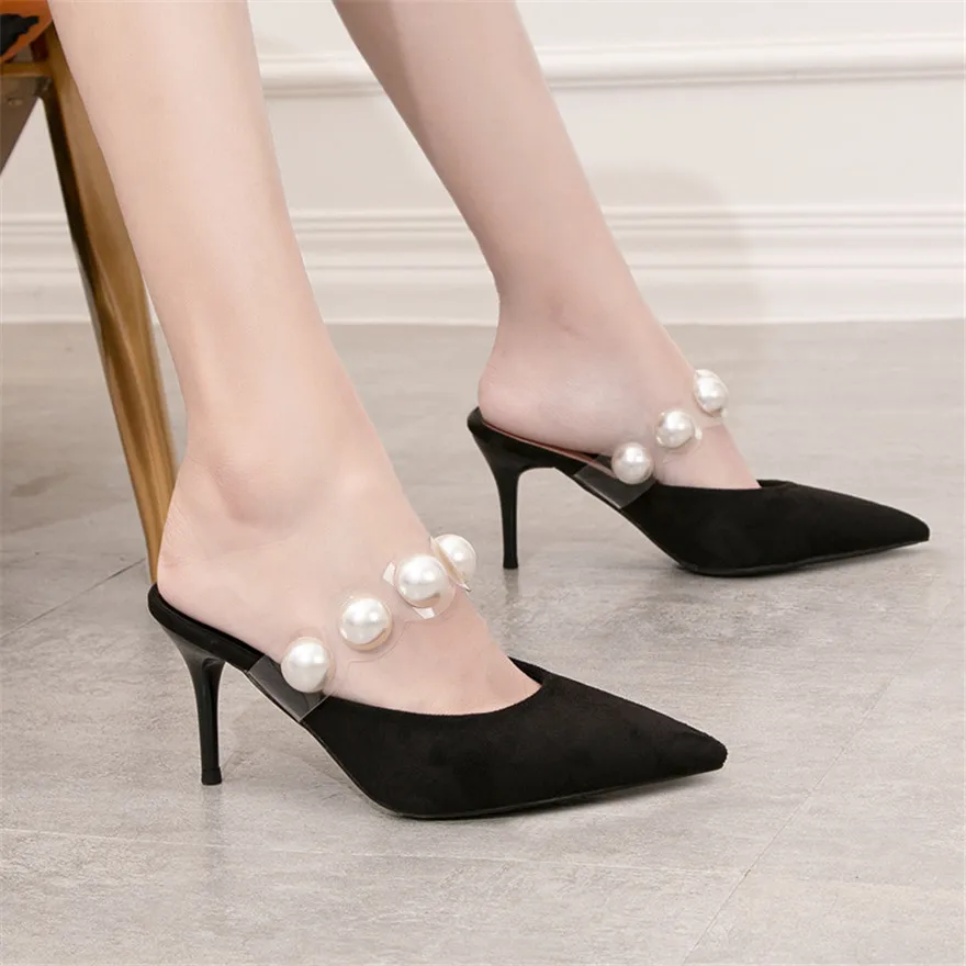 Pointed Toe Suede High Heels Muller Slippers Women's Transparent Pearl Slip On Elegant Shoes Summer Shallow Dress Female Sandals
