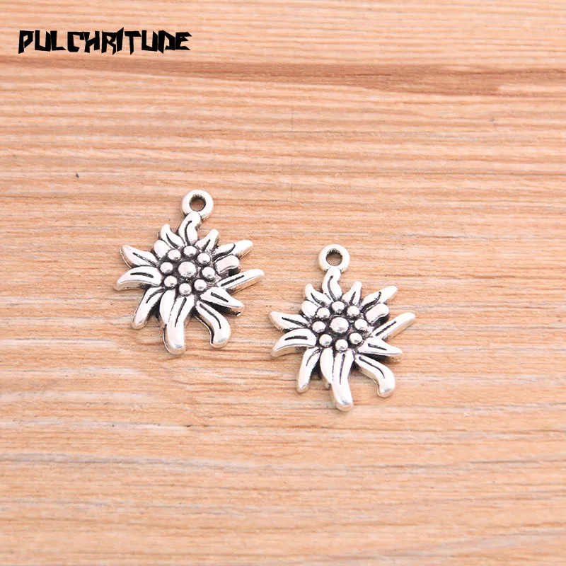 PULCHRITUDE 20pcs 17*21mm Metal Alloy Two Color Fresh Flowers Charms Small Plant Pendants For Jewelry Making DIY Handmade Craft