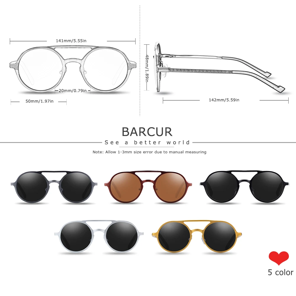 BARCUR Vintage Aluminum Magnesium Sun glass Men Polarized Sunglasses Round Steampunk Shades Brand Designer Eyewear