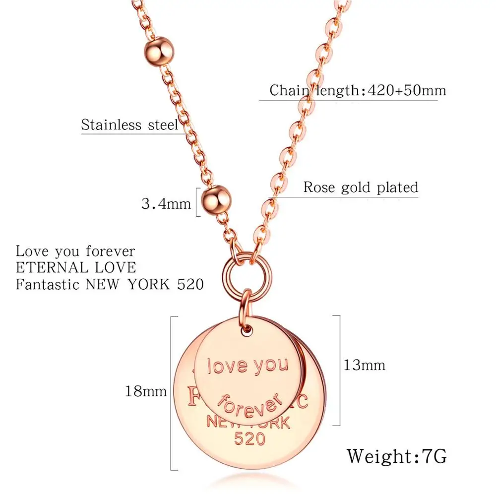 Classic Eternal Love Double Layer Women's Necklace Plated Rose Gold Round Pendant Girl Clavicle Chain Gift Jewelry