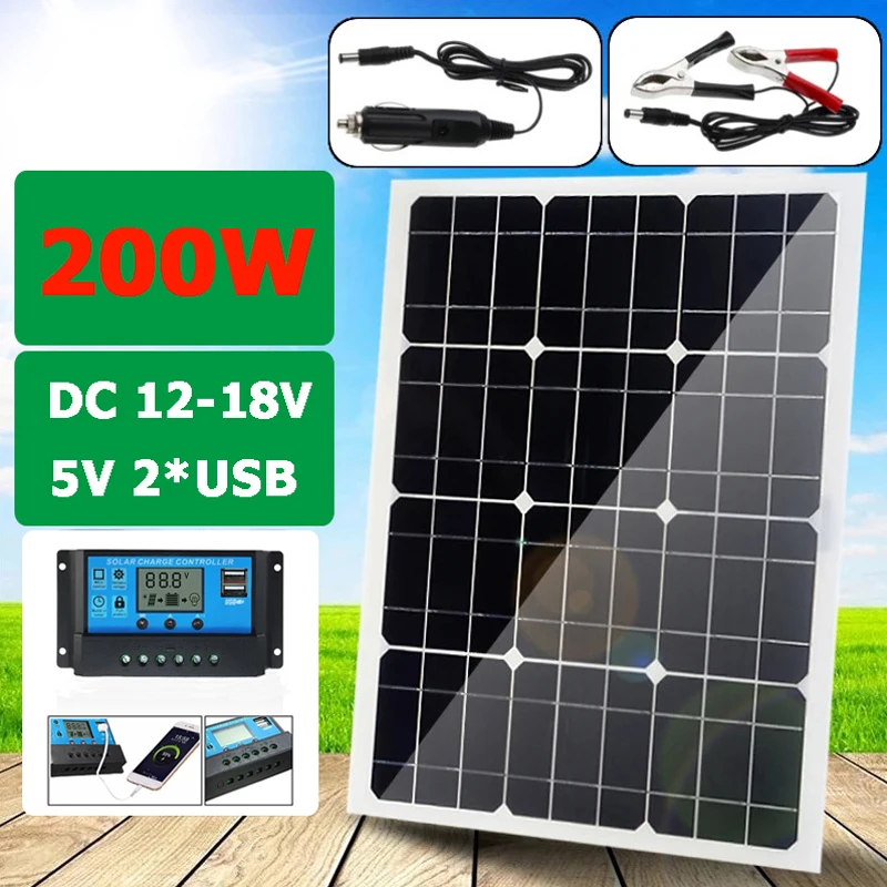 

200W Solar Panel With 30A Controller Dual USB 12V/5V Waterproof Monocrystalin Solar Cells Regulator for Car Yacht Battery Charge