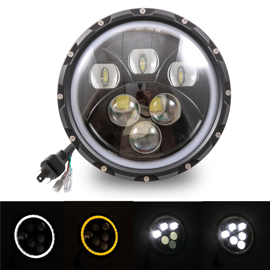 

7" Round LED Motorcycle Headlight 60W Hi/Lo Beam Amber/ White DRL Halo Ring Angle Eyes for Harley FLD/Touring/Softail Models