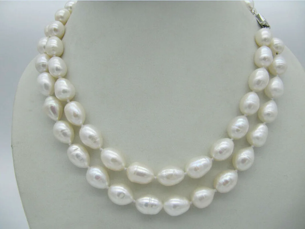 Elegant 2 Rows 9-10mm Natural Akoya White Cultured Rice Pearl Necklace 18-19''