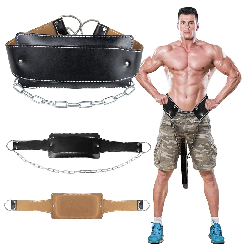 Cowhide Fitness Dip Belt With Chain Dipping Pull Up Leather Weight Lifting Belt Lumbar Back Support Training