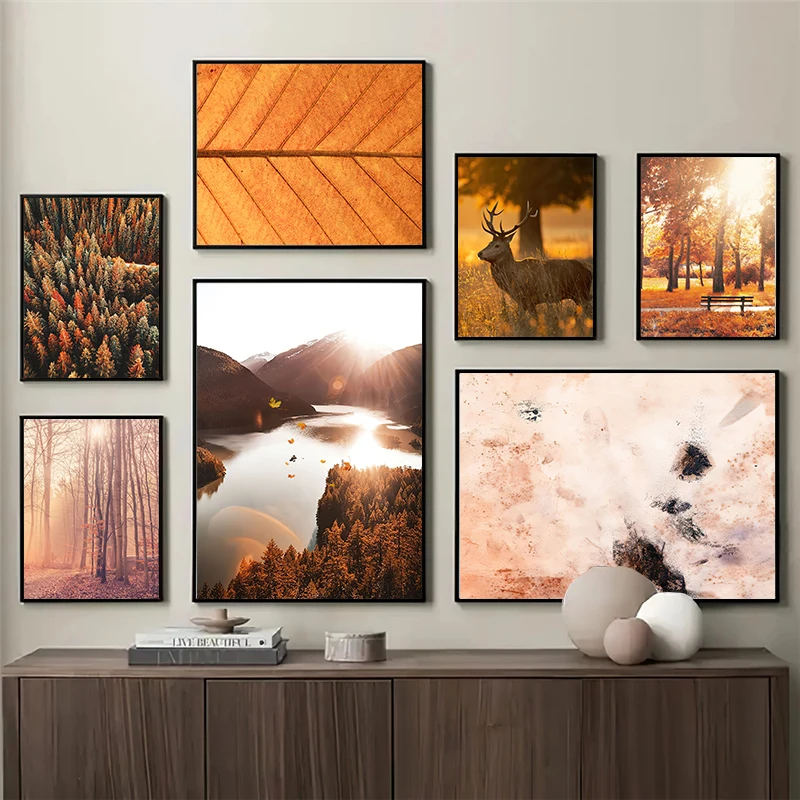 Canvas Painting Nordic Wall Art Picture Autumn Scenery Forest Lak Moutain Modern Home Wall Backdrop Decor Poster and Print Decor