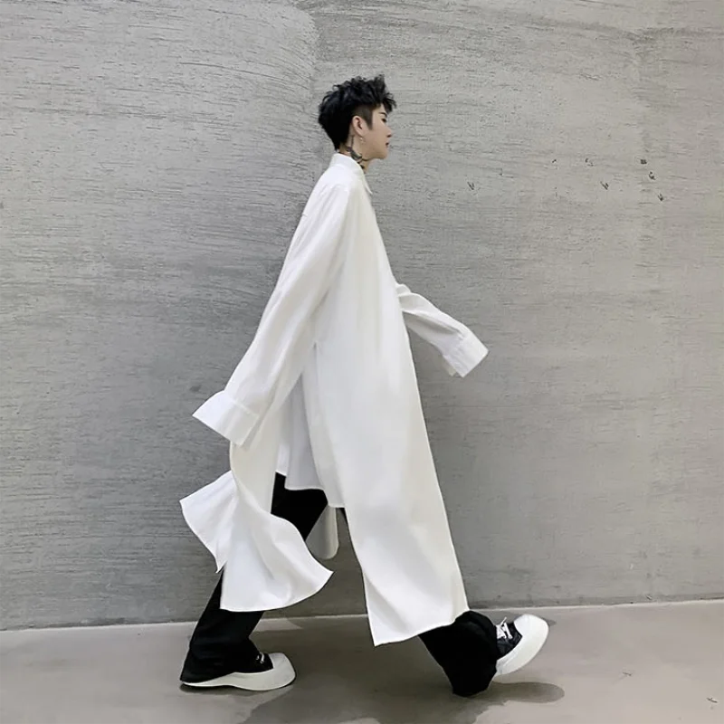 Men's Two Stitching Casual Long Sleeve Shirt Street Style Clothing Long Trend Fashion Loose Large Size Black And White Shirt