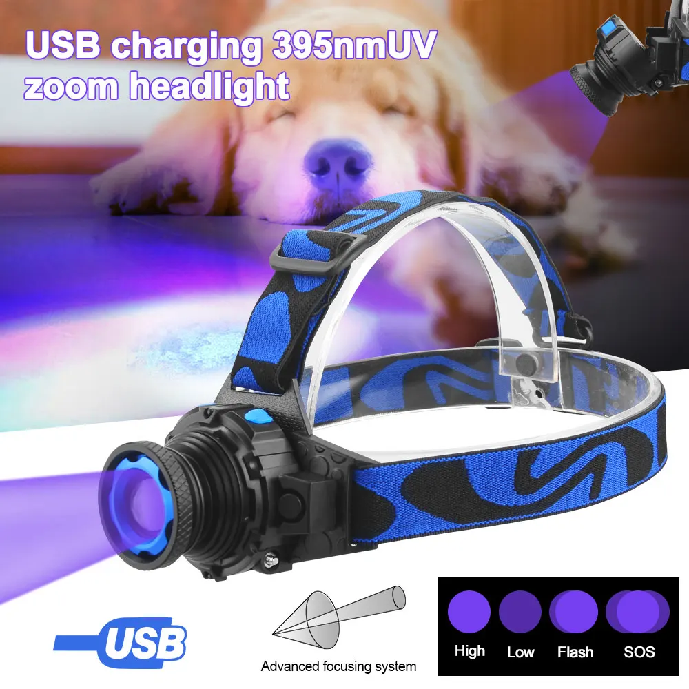 395nm violeta cabeça lâmpada de carregamento usb uv farol girar zoom farol 4 modos led luz escorpião com bateria embutida