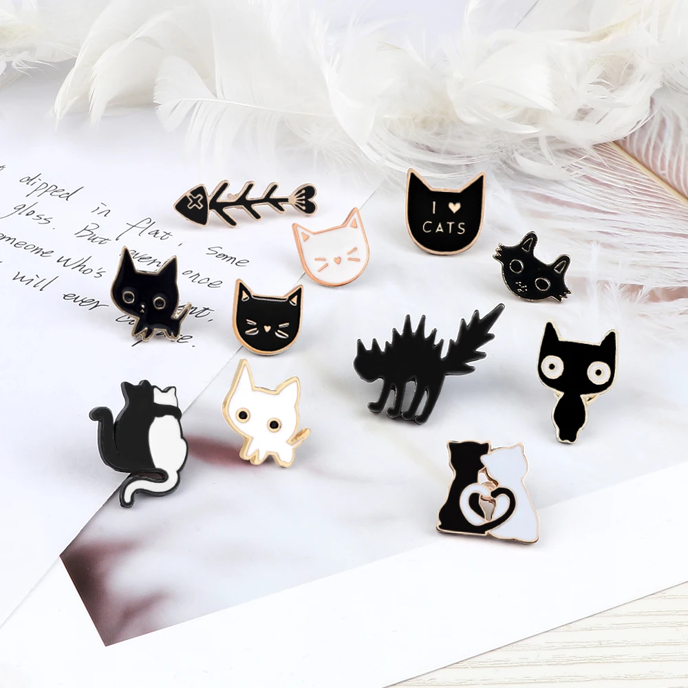 Cartoon Creative Black White Cat Enamel Pins Cute Mew Mew Badges Shirt Lapel Brooches Funny Fried Haired Kitty Fish Bone Jewelry