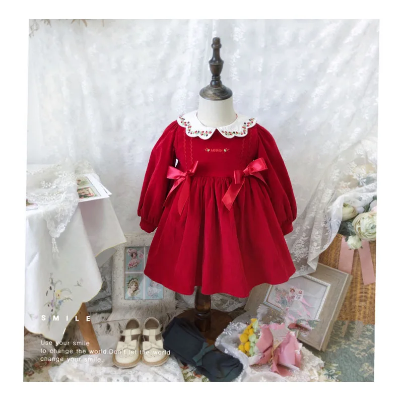 0-10Y Baby Girl Autumn Winter Turkey Style Red Long Sleeve Vintage Princess Gown Velvet Dress for Eid Party