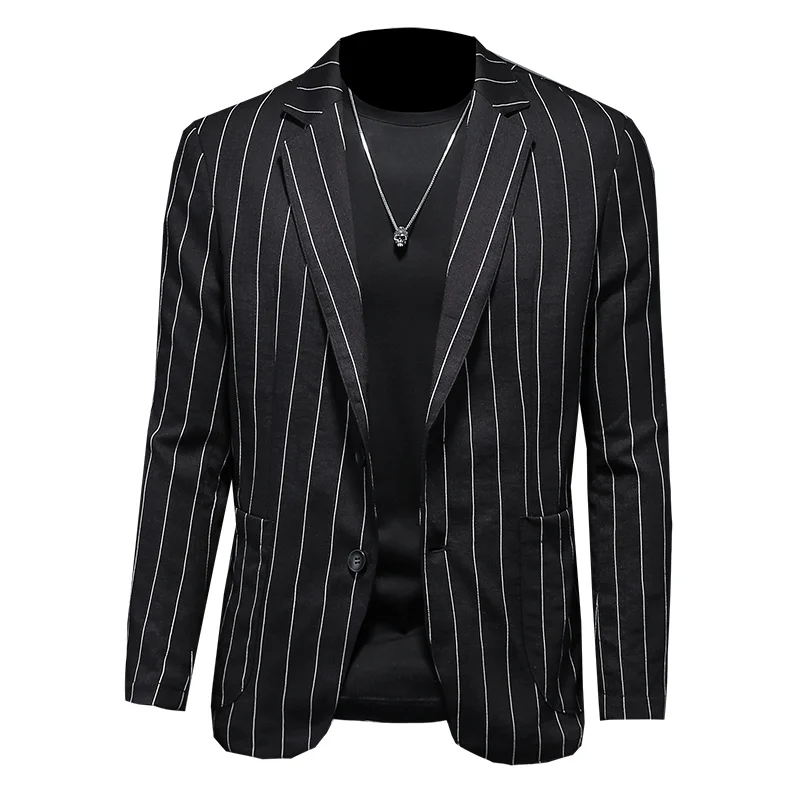 

2021 New Stripe Black White Blazer Man Suit Jacket Spring Autumn Casual Male Single Breasted High Quality Size M- 3XL