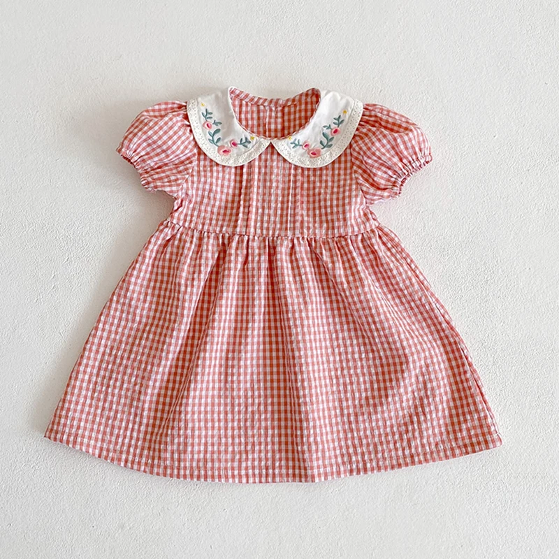 Toddler Baby Girls Grid Embroidery Dresses Summer Girl Baby Romper Infant Children Cotton Short Sleeve One-piece Romper