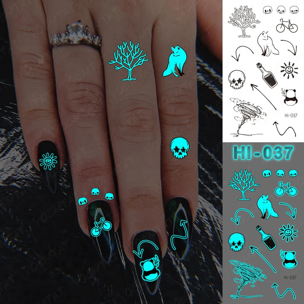 

Blue Glow Tattoo Sticker Flower Plant Skull Fox Panda Cute Waterproof Temporary Tattoo Hand Body Art Fake Tatto Men Women