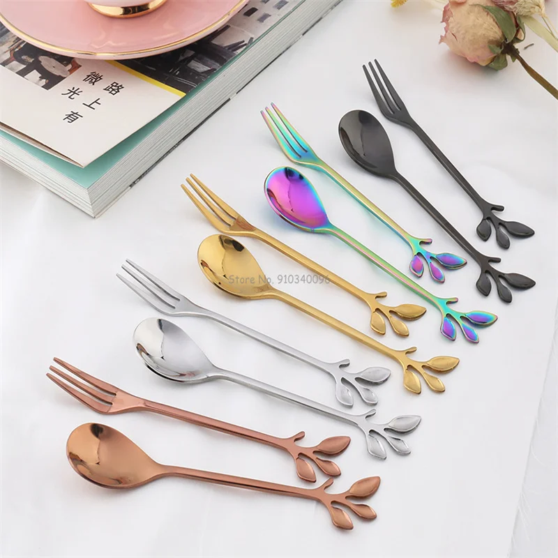 3Sizes Creative Coffee Spoon Stirring Spoons Dessert Fork Spoon  Branch Leaves Spoon Tableware Kitchen Accessories