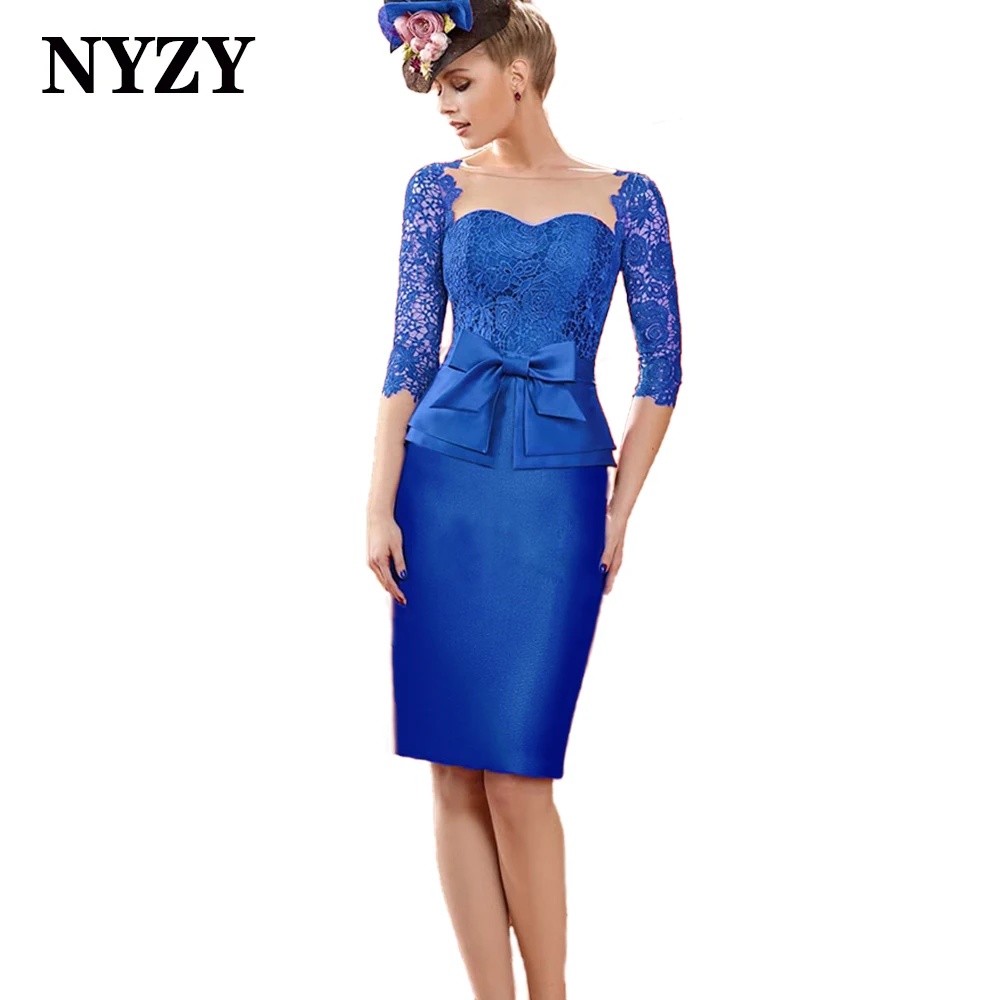 

NYZY M361B Elegant 3/4 Sleeves Blue Mother of the Bride Lace Dresses 2021 Short Wedding Party Dress Vestidos de Madrina