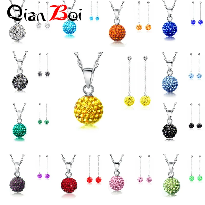 QianBei New Arrival13 Color 10MM Pendant Necklace Earrings Ball Crystal Earring Necklace Set For Women Fashion Jewelry Gifts