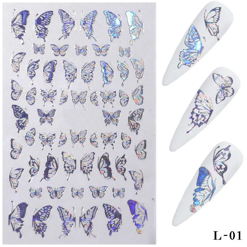 Nail Stickers 1Sheets 3D Butterfly Adhesive Sliders Colorful DIY Golden silver Nail Transfer Decals Foils Wraps Decorations