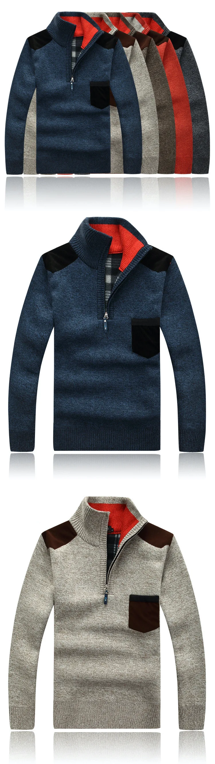 Herren-Pullover mit Viertelreißverschluss und Stehkragen, lässiger Strickpullover mit kontrastierenden Taschen-Schulterflicken, warmes Fleece-Futter für den Herbst – Detail 2