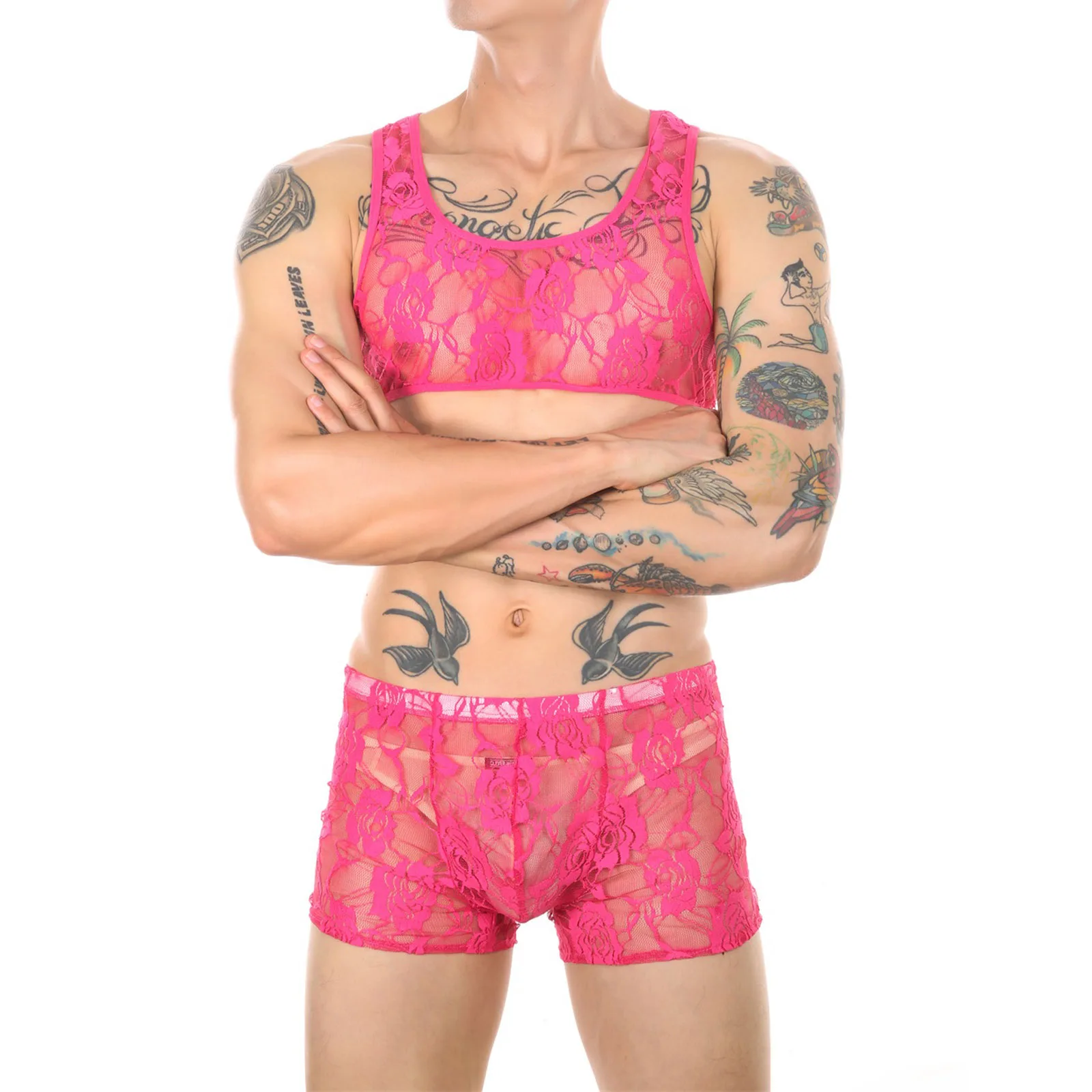 CLEVER-MENMODE Atasan Crop Bahu Pria Rompi Renda Set Boxer Dada Seksi Pria Atasan Transparan Celana Pendek Lingerie Kostum Erotis