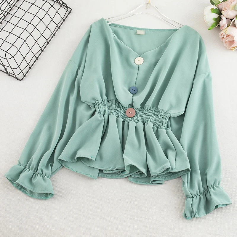 Elegant Women Summer V-Neck Flare Sleeve Pleated Basic Ruffles Shirt Vintage Elastic Slim High Waist Cardigan Button Blouse Tops