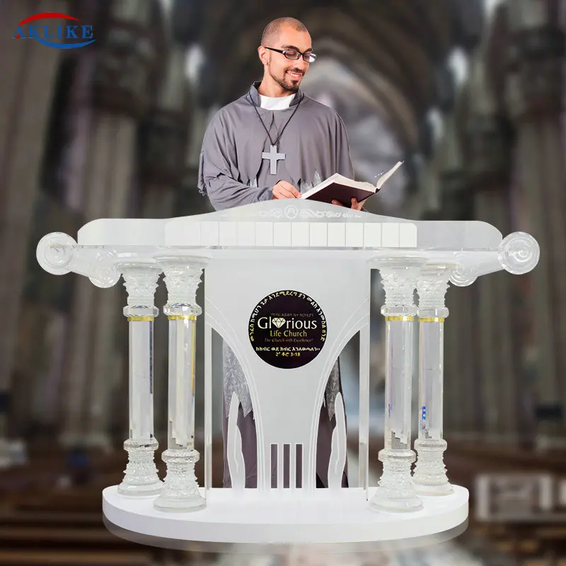 Crystal Column Pulpit Custom Logo Frosted Podium With Book Shelf Church Podium School Platform Speech Pulpit Foyer Furniture