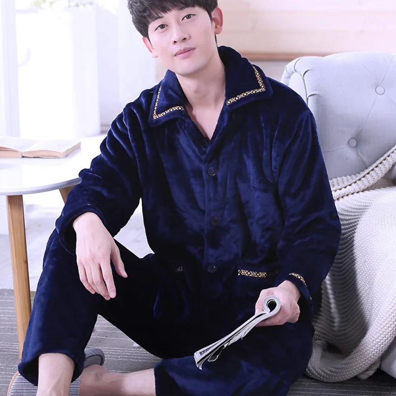 H5750 Autumn Winter Coral Fleece Pajamas Men Long Sleeve Cute Flannel Home Wear Suit Male Turn Down Causal Leisure Sleepwear