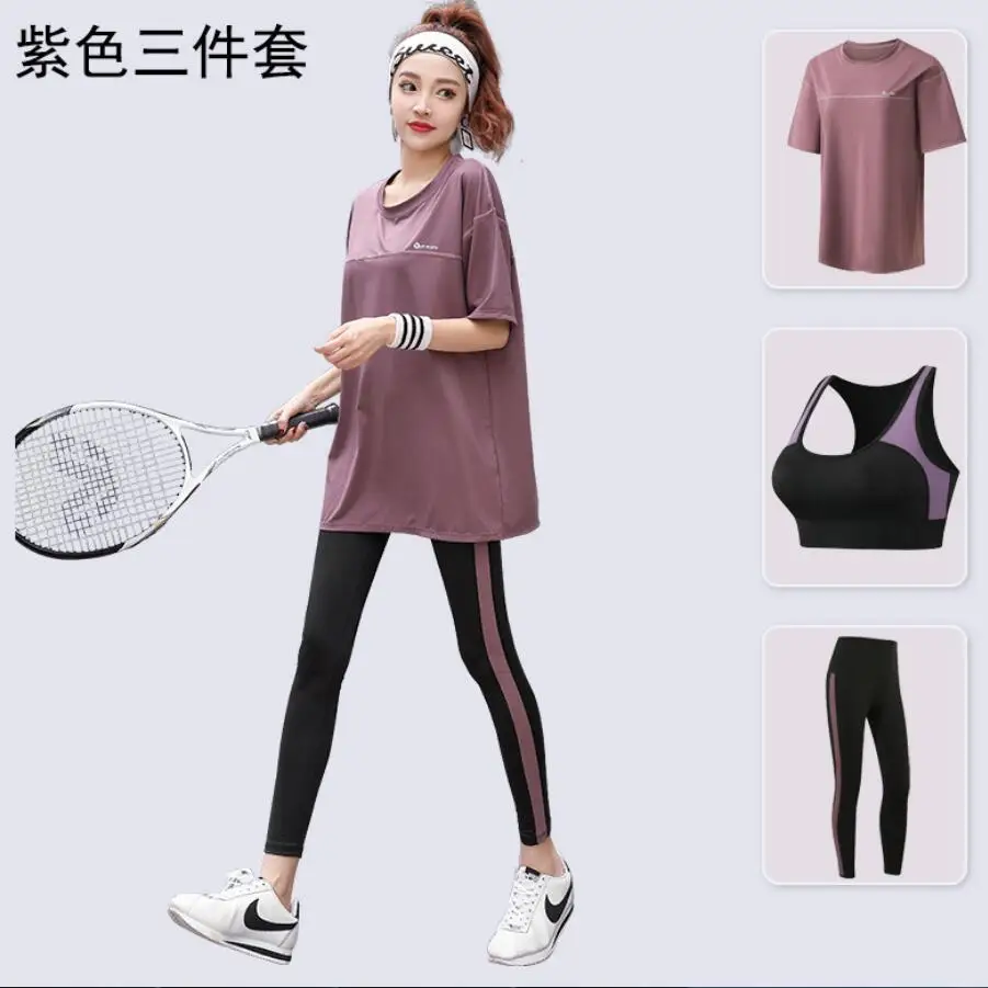 New Women Yoga 3 Pieces Tracksuits Loose T Shirt+Bra+Leggings Outdoor Sports Running Quick Dry Breathable Plus Size Sports Sets