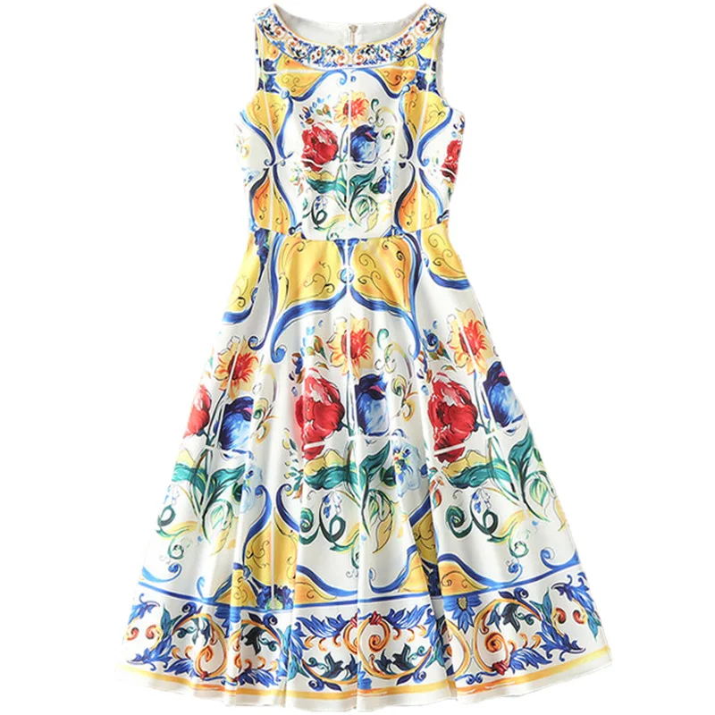 Luxury Designer Women\'s Midi Dress 2025 - Multicolor Floral Print Summer Dress for Beach  Vacation Elegant Sleeveless A-Line