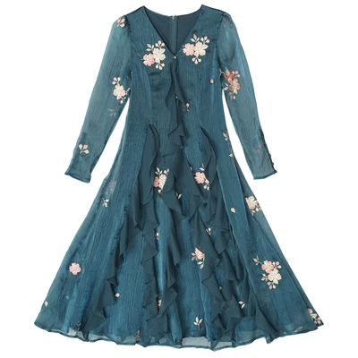 LYNETTE\'S CHINOISERIE Spring Summer New Women French Style Cottagecore Mori Girls Flower Embroidery Ruffled Chiffon Blue Dresses