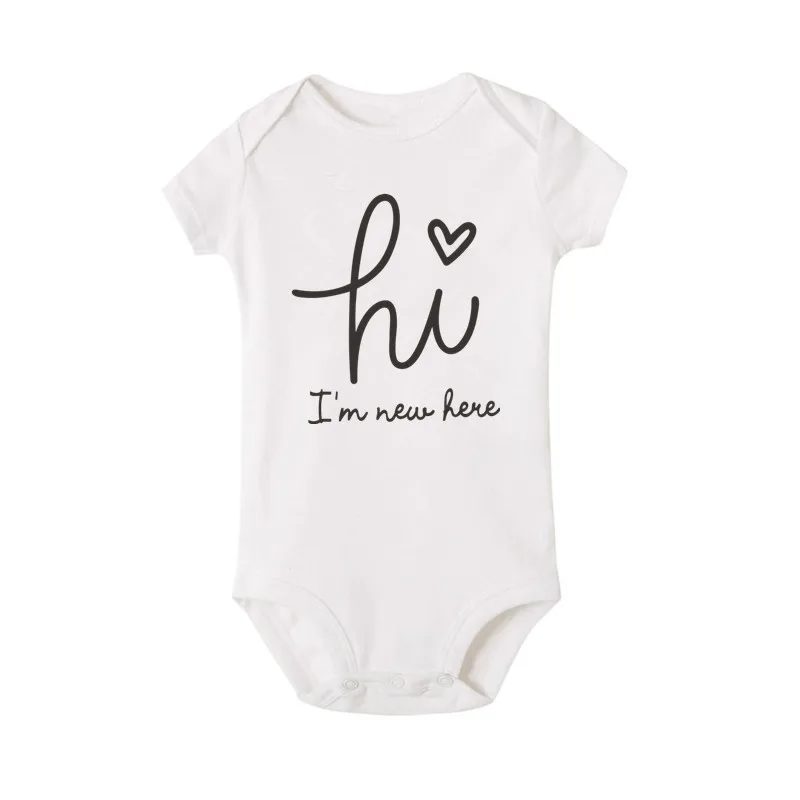 Hi I\'m New Here Print Newborn Pink Baby Bodysuit Short Sleeve Body Baby Boy Cotton Baby Girl Rompers Outfits Clothes