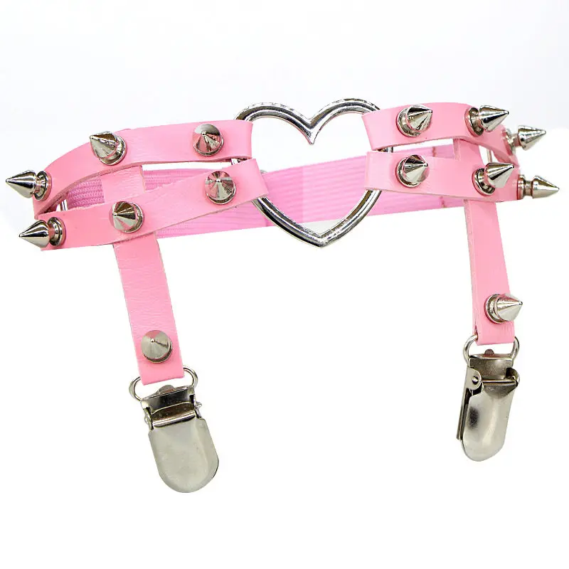 2021 Women Rock Sexy Elastic Leather Heart Leg Punk Thigh Garter Belt Cosplay Spike Rivet Pink Gothic Thigh Ring Heart Garter