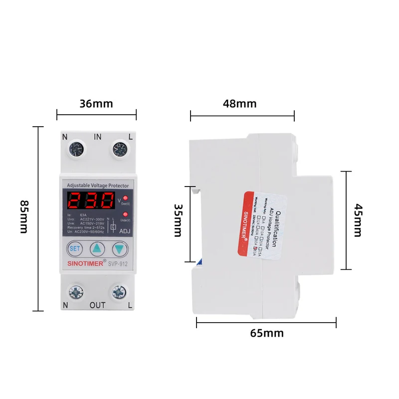 63A 220V Din Rail Adjustable Recovery Reconnect Over and Under Voltage Protective Device Protector Relay Over Voltage Protection