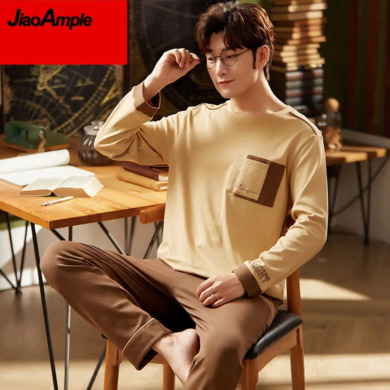 100% Double-sided Cotton Men's Pajamas Spring Autumn Sleepwear Two-piece Set 2021 New Loose Homewear Casual Pijamas Suit