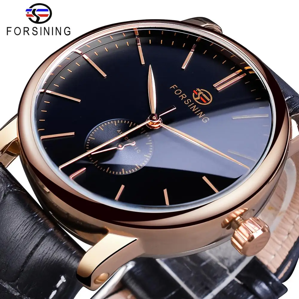 

Forsining Simple Men Mechanical Watch Automatic Sub Dial Black Ultra-thin Analog Genuine Leather Band Wristwatch Horloge Mannen