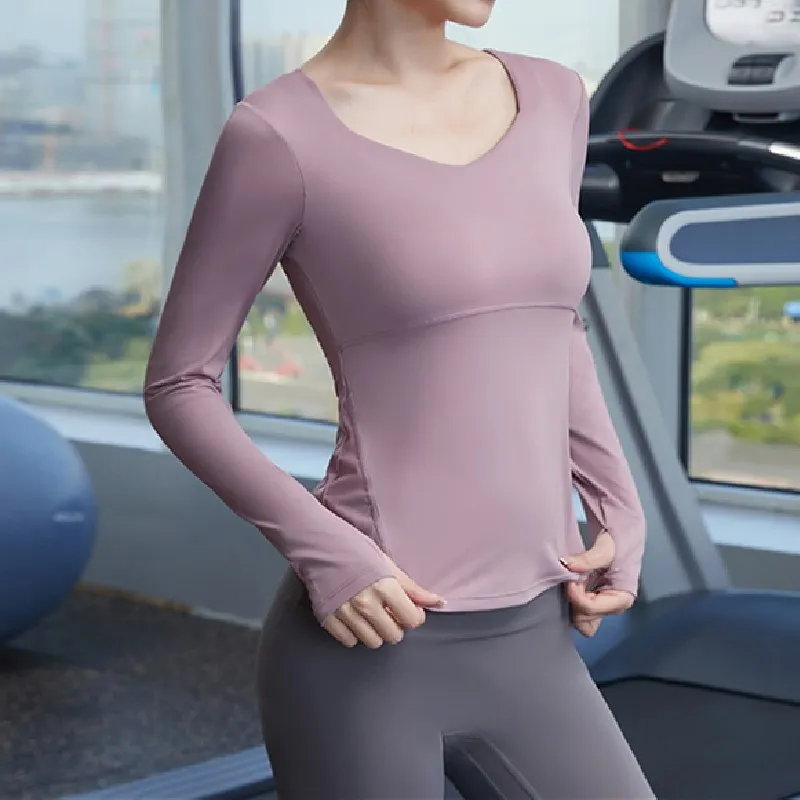 

Fitness Women Sports Long Sleeve Yoga Shirts Top Blouses Slim Breathable Gym Clothing Dance Sportswear Thumb Jack With Chest Pad